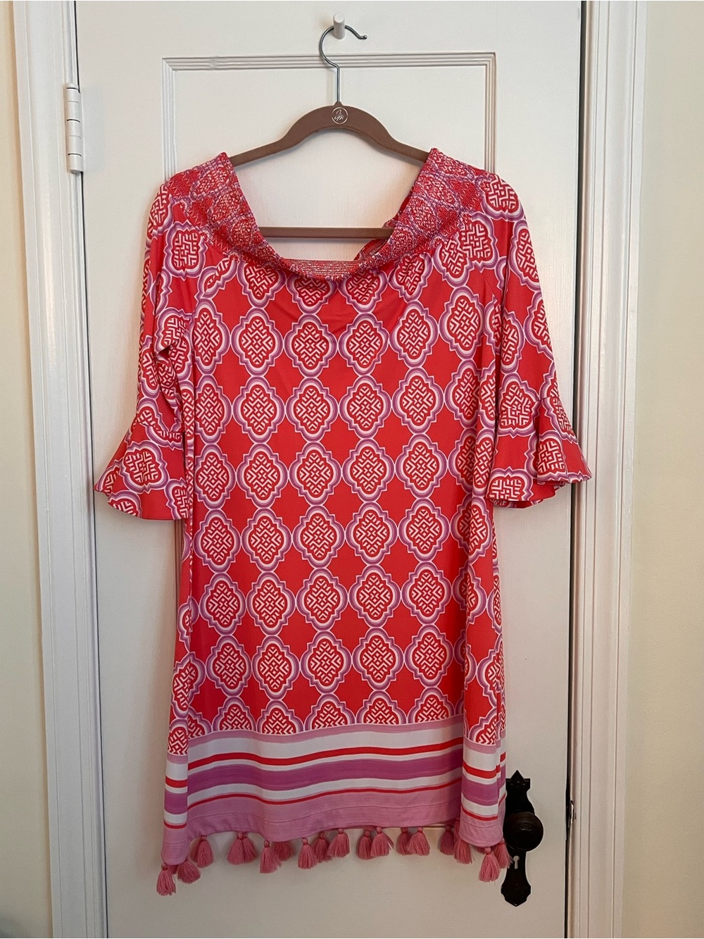 Cabana Life Pink Patterned Tassel-Hem Long Sleeve Dress